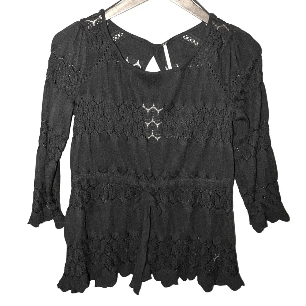 Free‎ People Black Pointelle Knit Peplum Top XS Tie Waist Boho Cottagcore Fairy